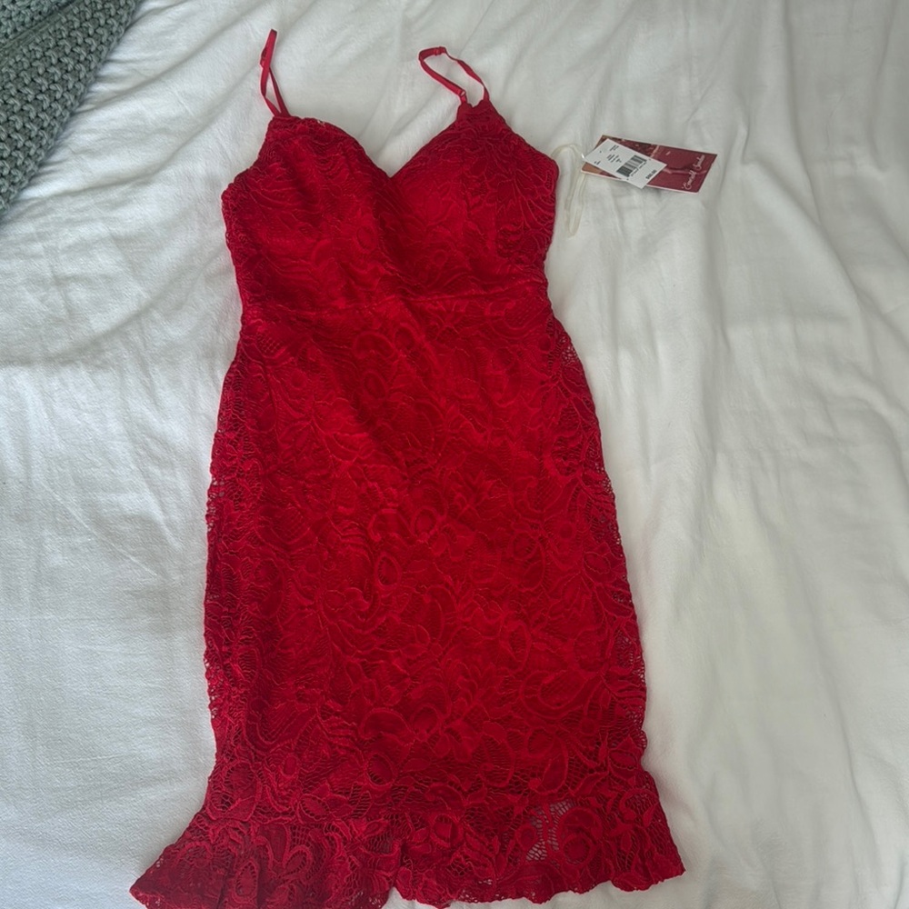 Emerald Sundae Red Ruffled Bodycon Midi Dress